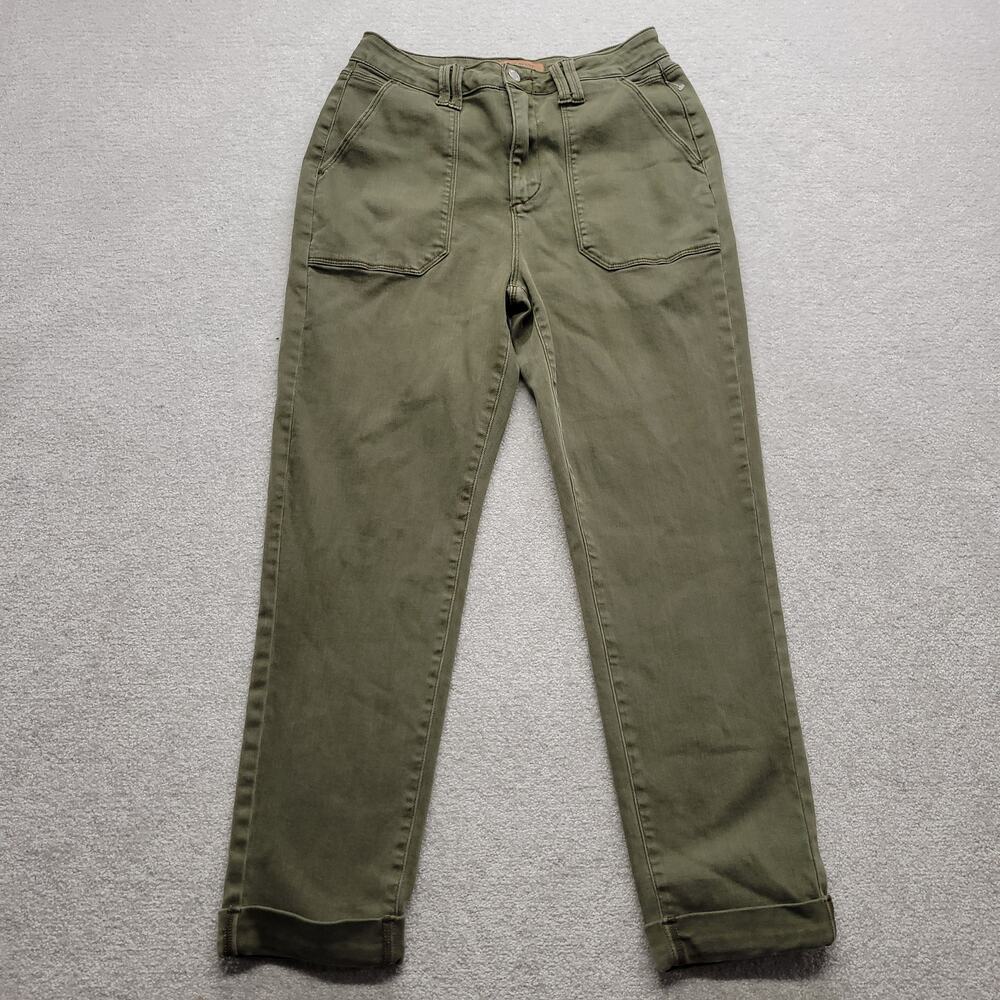 Judy Blue Womens 7/28 Olive Green Straight Leg Utility Jeans Stretch Cuffed